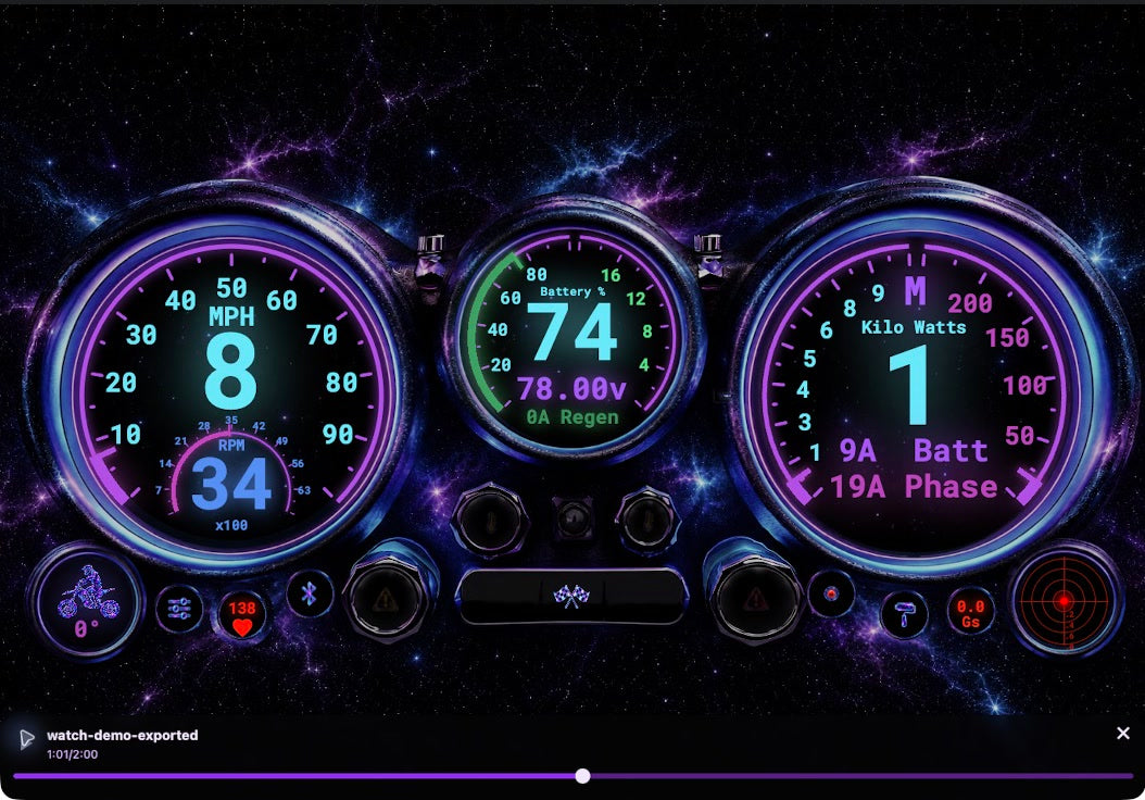 Recorded ride playing on the TruMoto dashboard with heart rate beside the bike readings