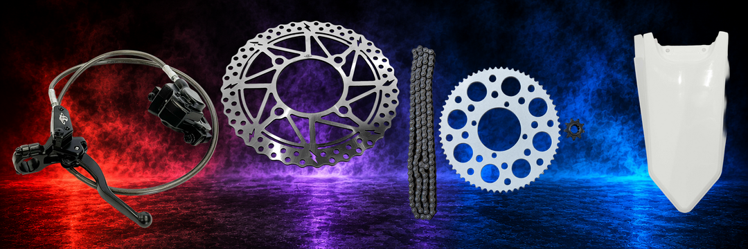 ETM RTR Essential Replacements featuring real product photos of the brake assembly, rotor, chain kit and rear fender