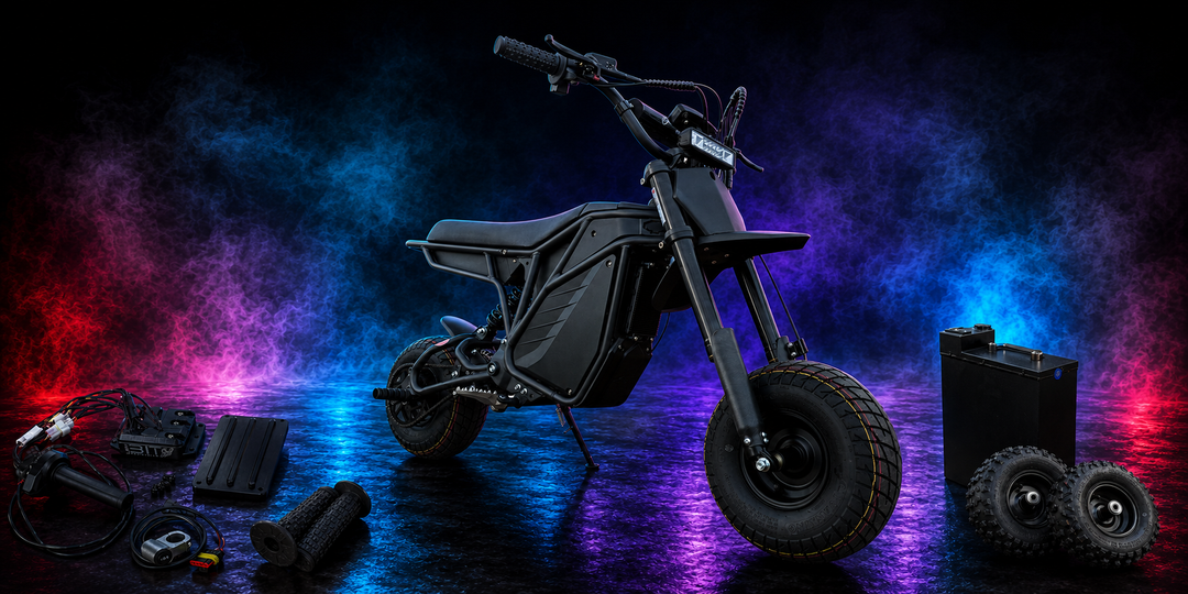 Rizzler Parts collection banner using the real Rizzler bike and photographed performance components
