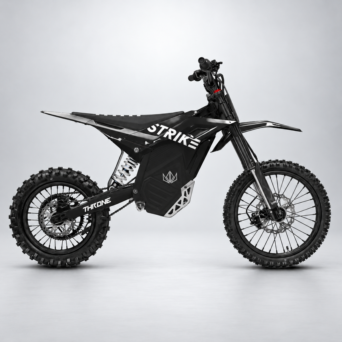 Strike electric dirt bike on a studio backdrop