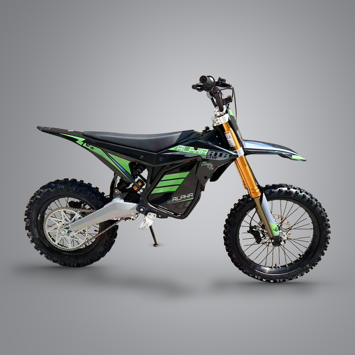 ETM RTR XL Alpha electric dirt bike, chain-side studio view