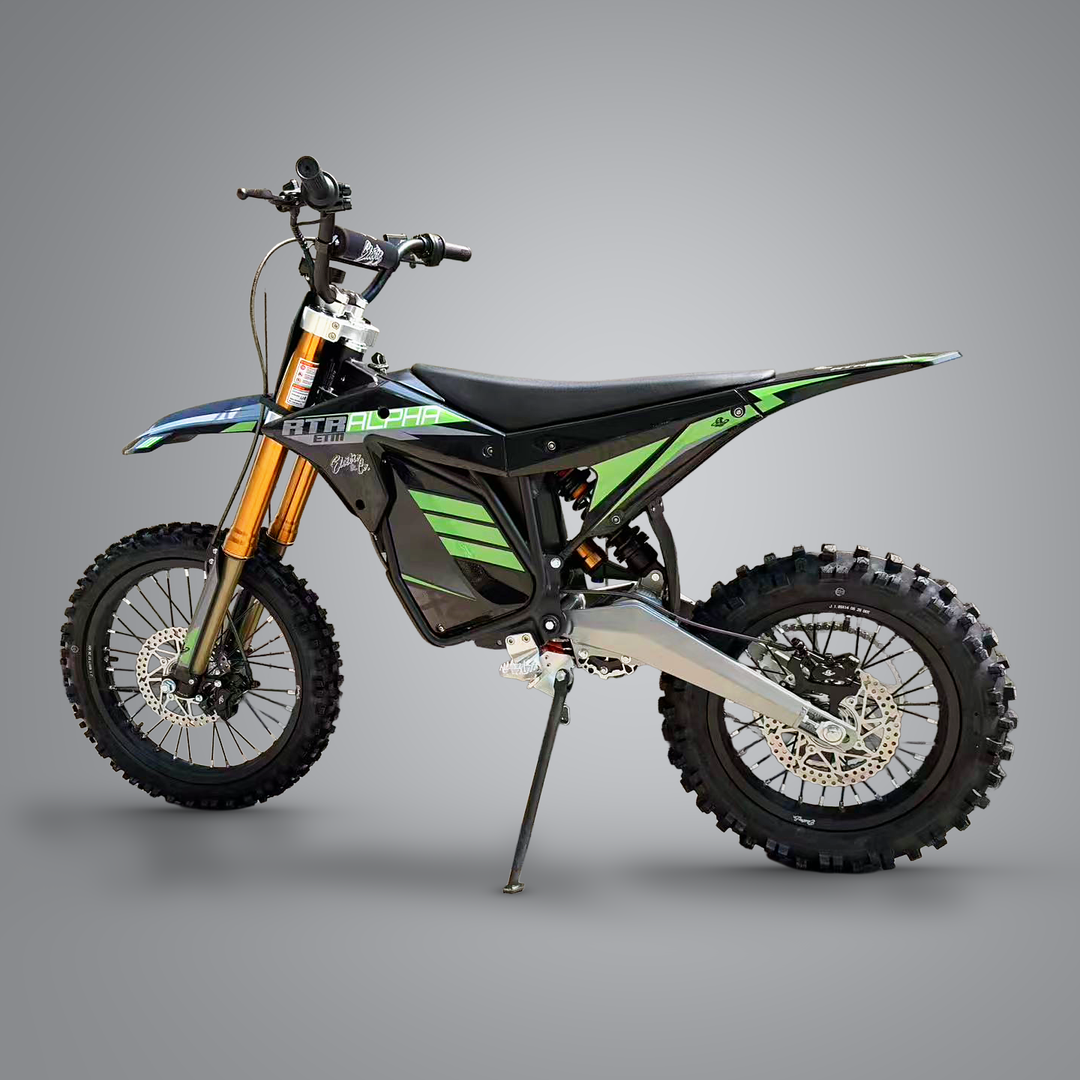 ETM RTR XL Alpha electric dirt bike, opposite-side studio view