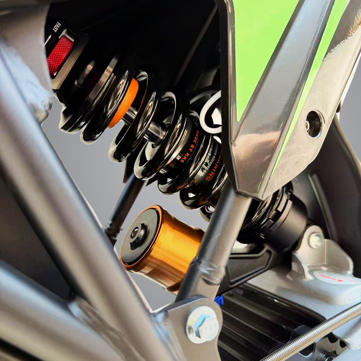 ETM RTR XL Alpha electric dirt bike, suspension detail studio view