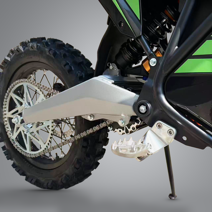 ETM RTR XL Alpha electric dirt bike, drivetrain detail studio view