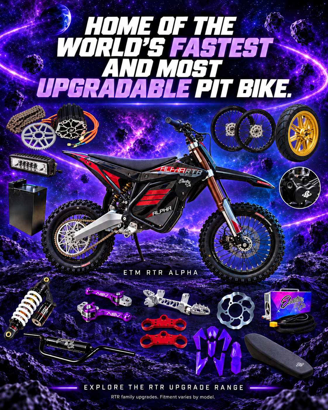ETM RTR Alpha electric pit bike and RTR performance upgrades. Explore the RTR upgrade range; fitment varies by model.